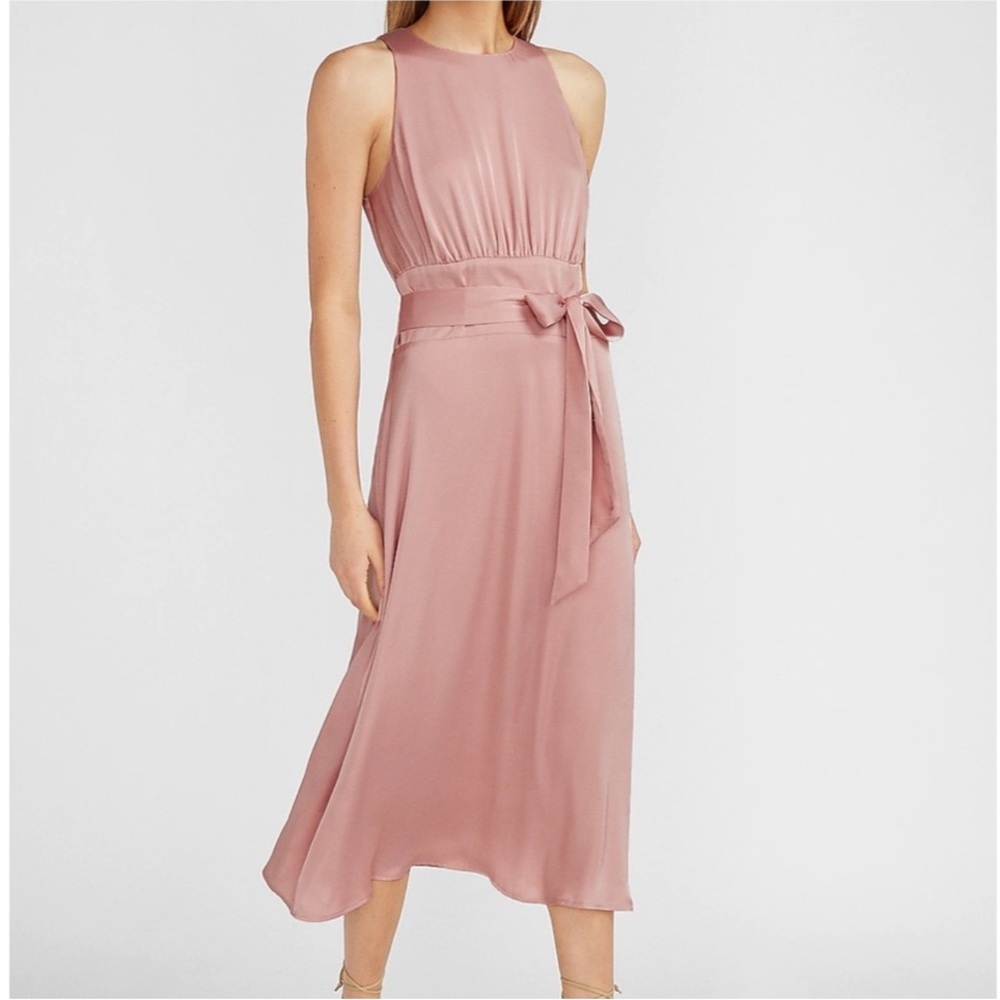 Express Satin Sash Tie Belt High Neck Midi Lined Dress Elegant Size XS NWT